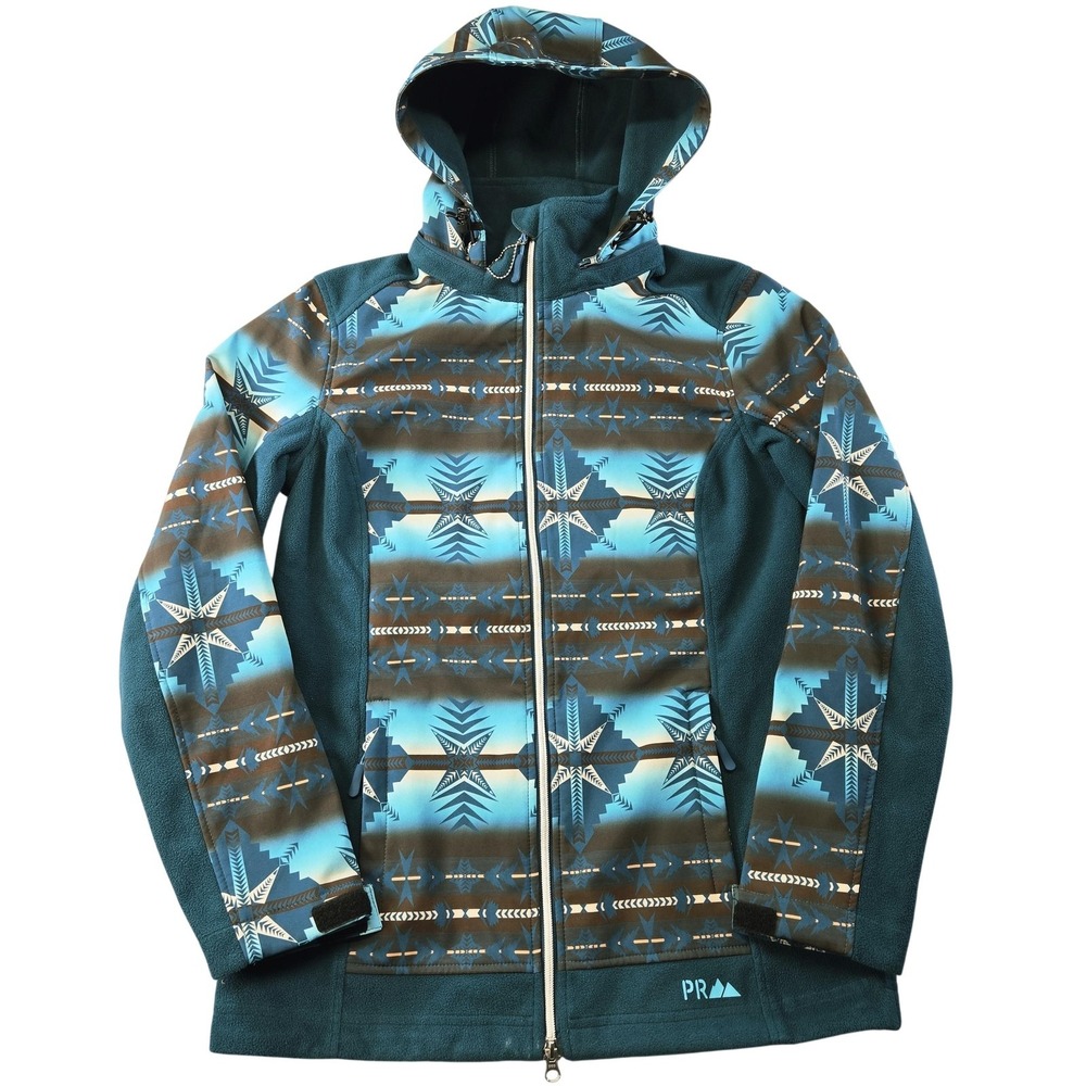 Powder River Outfitters Aztec‎ Jacket Womens M Blue/Teal Hooded Lined Fleece